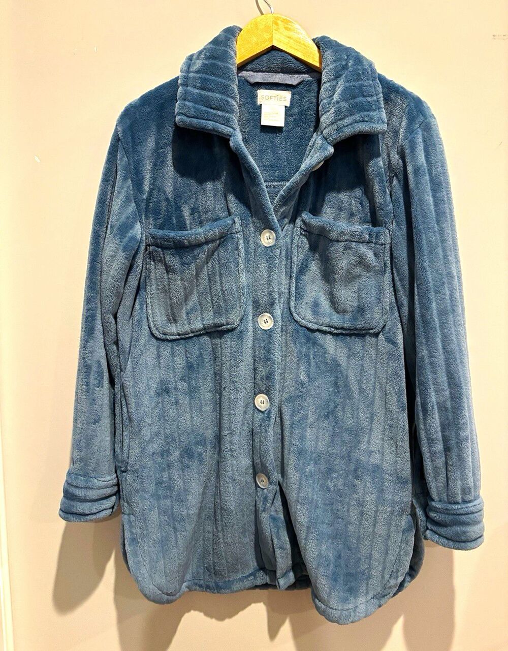 Softies Women's Blue Fleece Button-Front Collared Robe Jacket w/ Pockets M - Picture 5 of 10